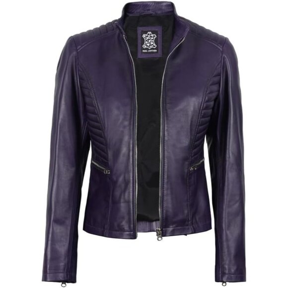 Women's Cafe Racer Style Real Leather Jackets Rachel Purple Zipper Long Sleeves - Picture 2 of 7